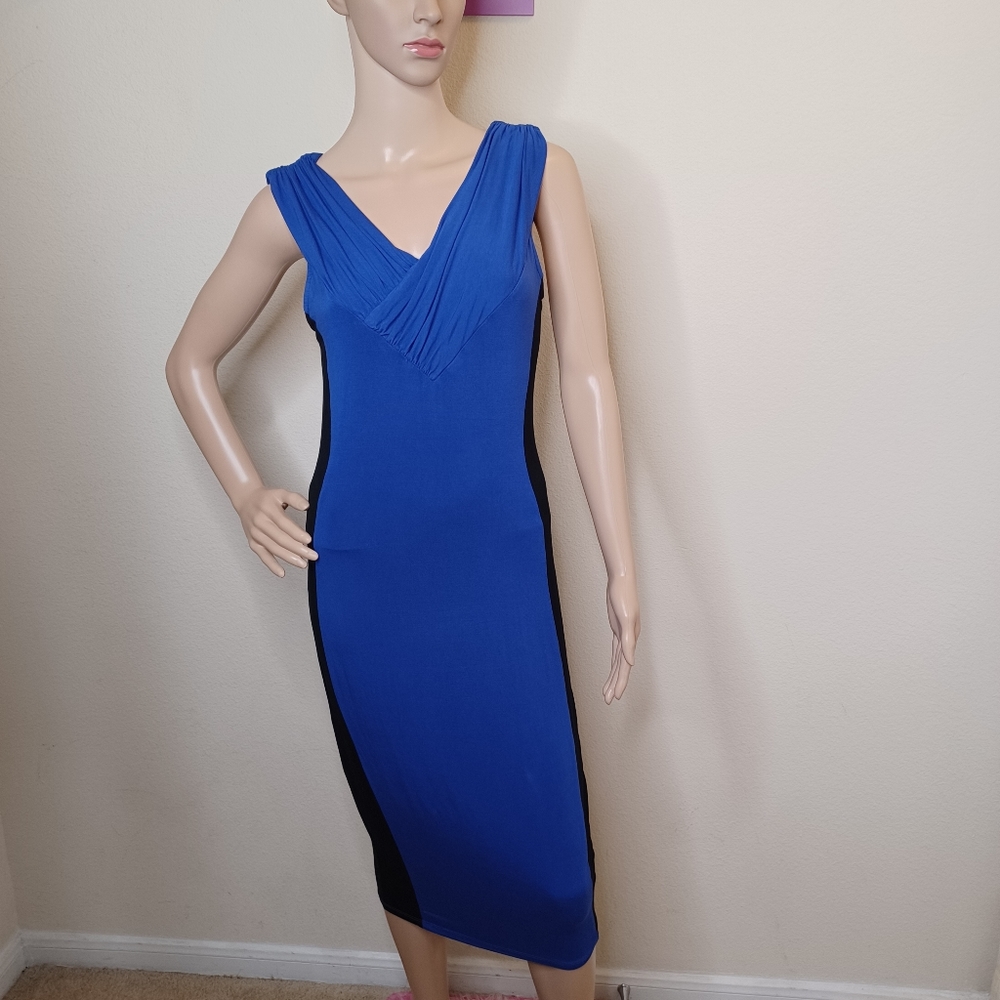 SiSi Made in the USA Women's Blue Black Sleeveless Midi Bodycon Dress Size Large